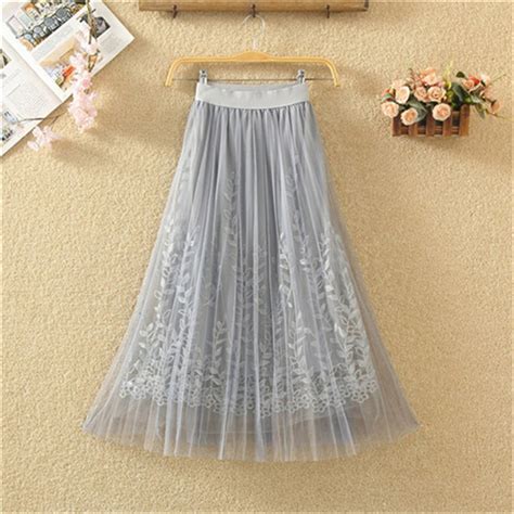 2018 Spring Summer Casual Pleated Tulle Skirt Women Vintage Embroidery