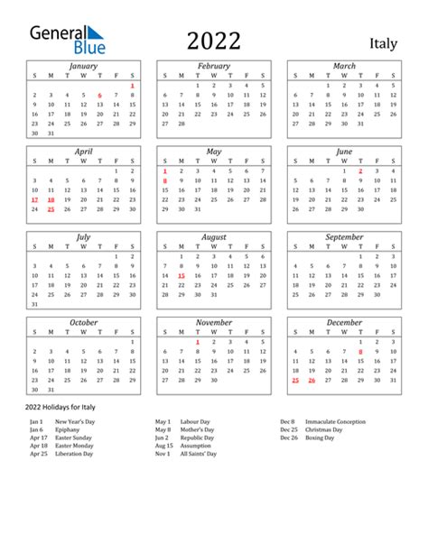 2022 Italy Calendar With Holidays