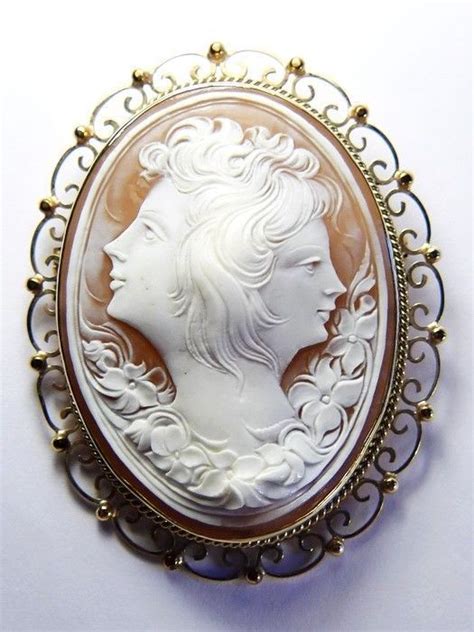 Amazing Unusual Antique Italian 14k Gold Shell Cameo Brooch Double