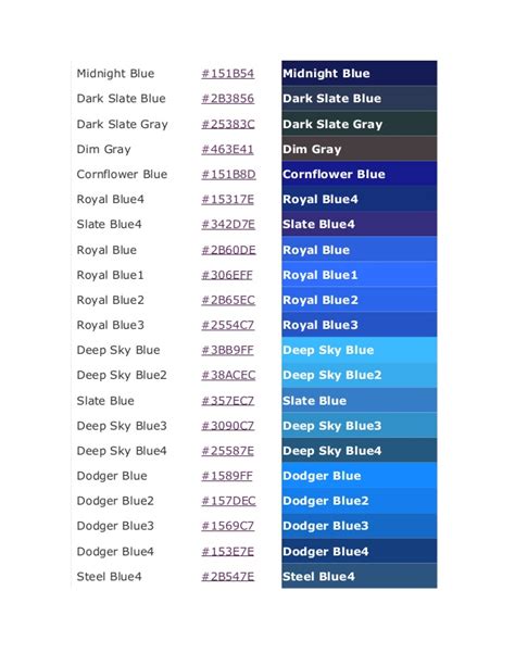Below are some of the common color names and codes. Color code