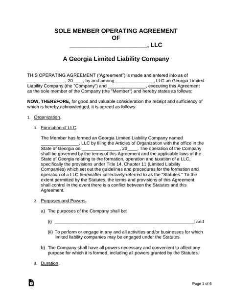 Free Georgia Single Member Llc Operating Agreement Form Pdf Word