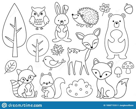Vector Line Set Of Woodland Animals Outline For Coloring Stock Vector