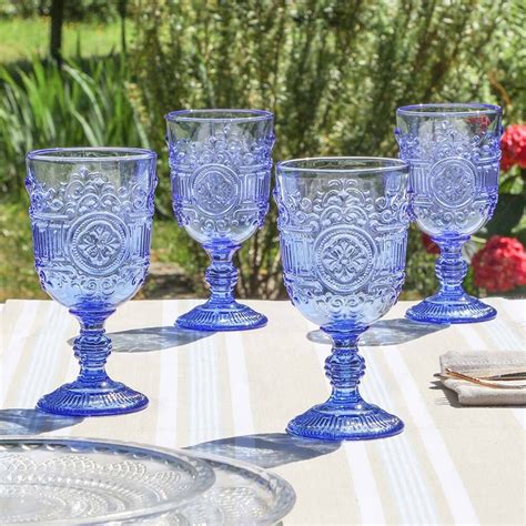 Set Of Four Embossed Purple Wine Goblets By Dibor Blue Wine Glasses