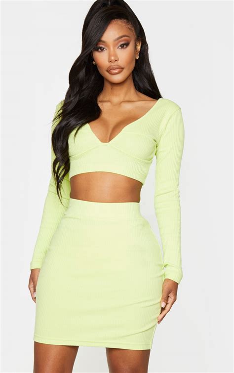 shape lime thick rib bodycon skirt curve prettylittlething usa