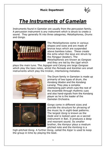 Ks3 Music Gamelan Instruments Worksheet Teaching Resources