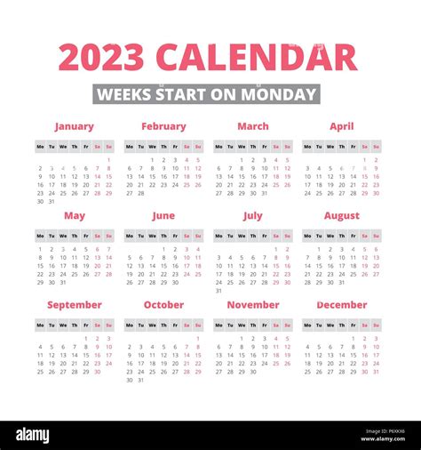 Simple 2023 Year Calendar Week Starts On Monday Stock Vector Image