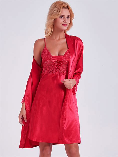 Wholesale Red Spaghetti Strap Nightgowns With Lace Cuff Night Robe