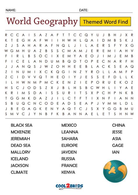 Printable Geography Word Search Cool2bkids