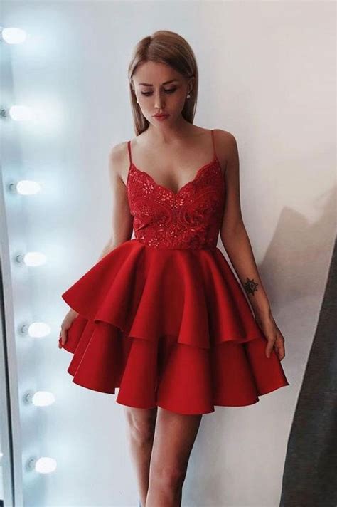 A Line Spaghetti Straps Short Red Tiered Homecoming Dress With Lace
