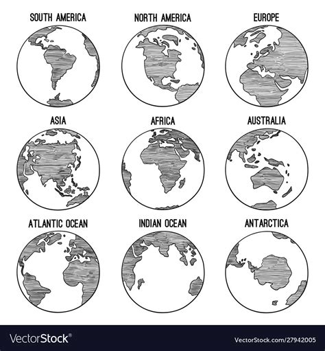 Earth Globe Doodle Planet Sketched Map America Vector Image