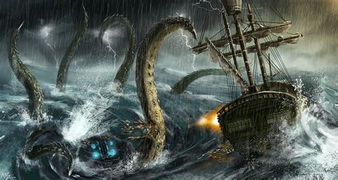 Wallpaper Sea Monsters Sailing Ship Fantasy Art Vehicle Rain