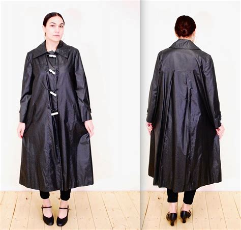 1980 s black full length spring trench coat with white toggle buttons swing coat rare