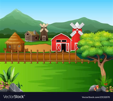 Cartoon Of Farm Landscape With The Beautiful Natur