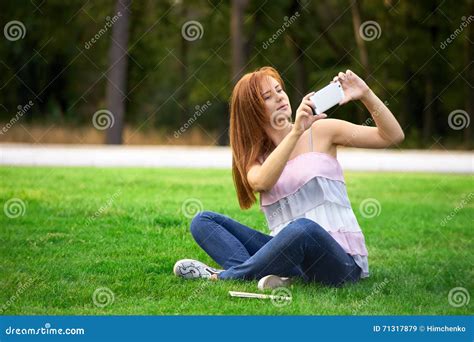 Woman Photographing Herself In The Park Stock Image Image Of Life