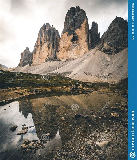 Tre Cime Di Lavaredo Reflected From A Lake Dolomite Alps Italy Stock