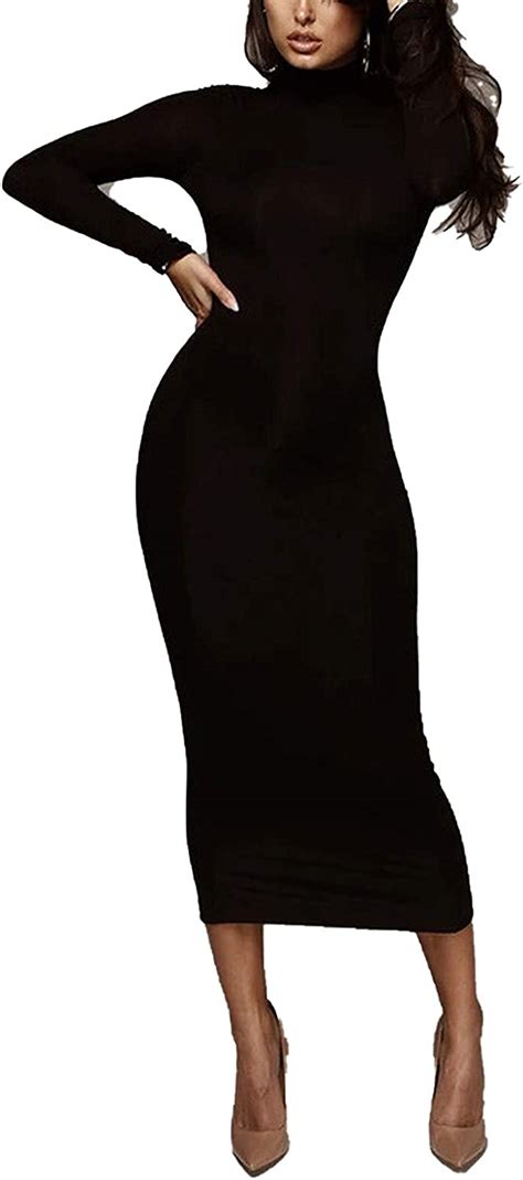 Skirts Basic Black Maxi Bodycon Dress Autumn Stretchy Long Sleeve