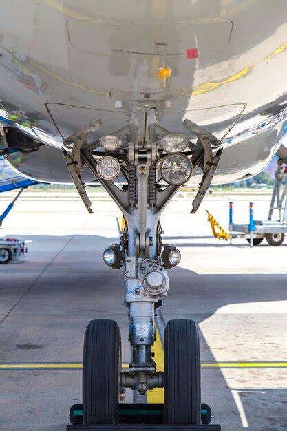 Premium Photo View Of Airplane Nose Landing Gear Image Includes Harsh Shadows Due To Sunny Day