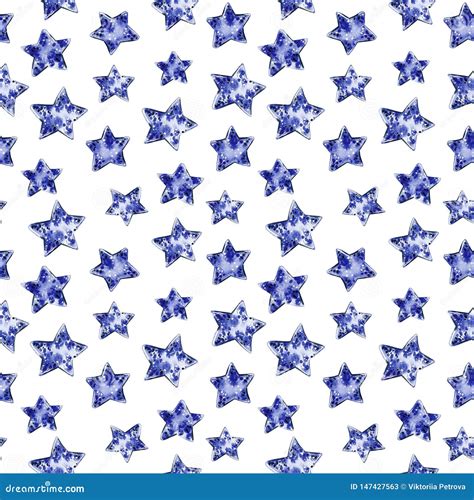 Blue Stars Seamless Pattern Watercolor Illustration Stock Illustration