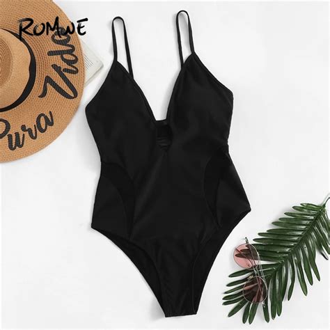 Romwe Sport Contrast Mesh Plunge Neck Caged Low Back One Piece Swimsuit
