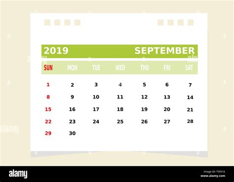 Calendar Month September 2019 Vector Stock Vector Image And Art Alamy