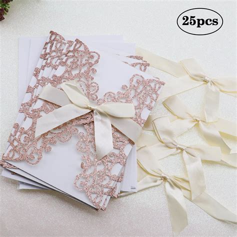 Glitter Paper Laser Cut Wedding Invitation Card With Ribbon