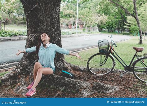 Woman Relax Time In Park She Sitting Under Big Tree Stock Photo Image