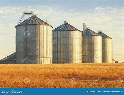 Metallic Agricultural Grain Silos In The Field Stock Illustration