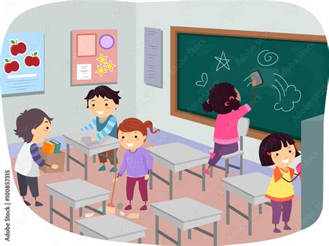 Stickman Kids Clean Classroom Together Stock Vector Adobe Stock