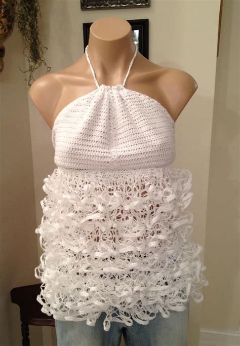 Hand Crocheted White Halter Top With Ruffled Front White Halter Top