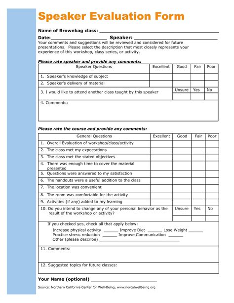 Free Speaker Evaluation Form Sample