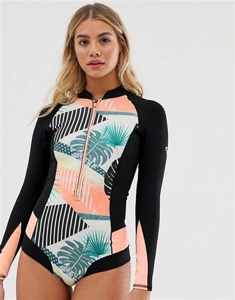 Roxy Pop Surf Print Cheeky Long Sleeve Wetsuit In Multi Asos Long Sleeve Swimwear Roxy