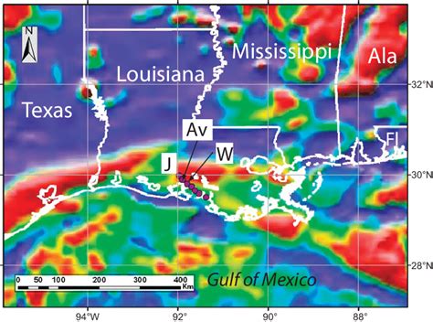 Magnetic Anomaly Map Of Louisiana United States And Environs Red Is