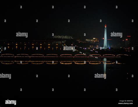 View Of The Juche Tower And Taedong River At Night Pyongan Province