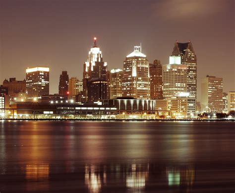 Detroit Skyline With Night Lights In Michigan Image Free Stock Photo