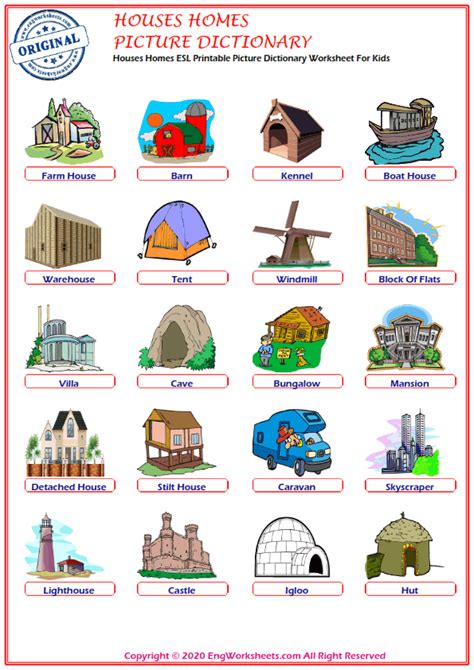 Houses Homes Esl Printable Picture Dictionary Worksheet For Kids