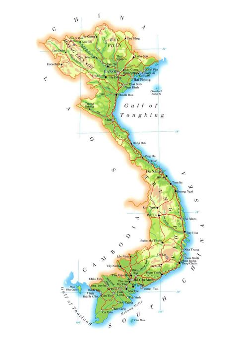 Large Elevation Map Of Vietnam With Roads Railroads Major Cities And