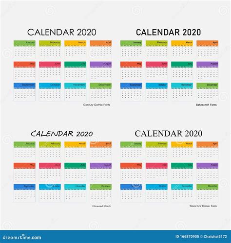 2020 Calendar Templatecalendar 2020 Set Of 12 Months Stock Vector