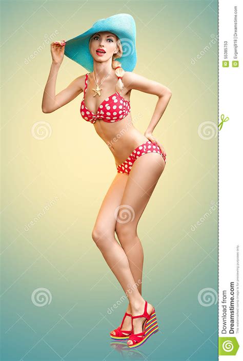 Beautiful Woman In Red Polka Dots Fashionable Swimsuit Pinup Stock