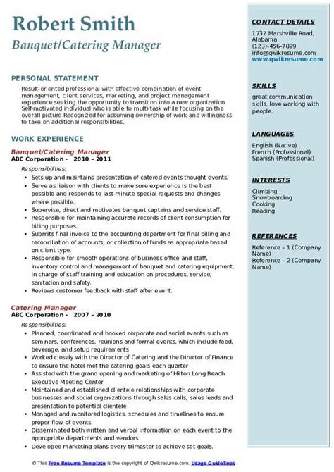 Catering Manager Resume Samples Qwikresume