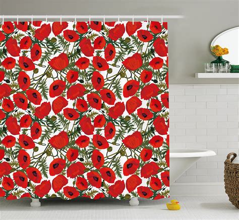Poppy Shower Curtain Abstract Flower Pattern With Garden Foliage