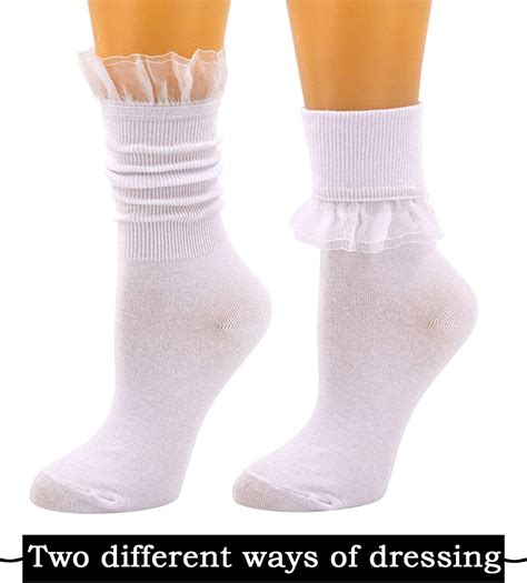 Semoholli Women Ankle Socks Women Lace Ruffle Frilly 3 Pairs White