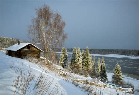Winter River Landscape Trees Snow Barn Wallpapers Hd
