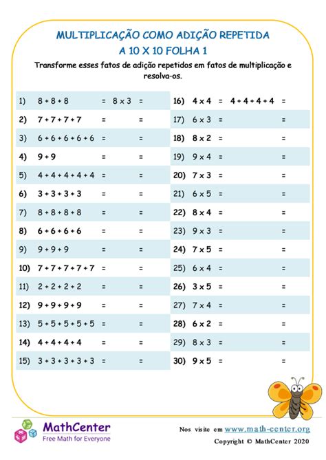 Terceiro Ano Planilhas Multiplicação De Um Dígito Math Center