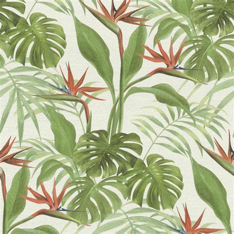 Non Woven Wallpaper Rasch Palm Leaves White Green 529029