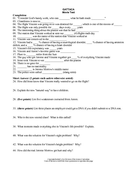 Gattaca Test Worksheet For 11th 12th Grade Lesson Planet