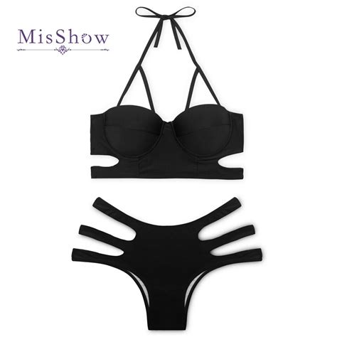 MisShow New Hot Sexy Swimsuits Swimwear Women Black Blue Bandage Bikini Sets Cut Out