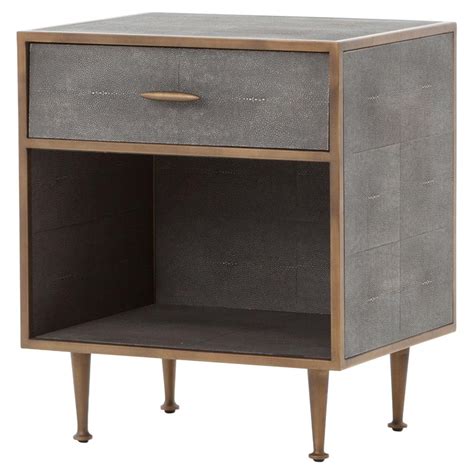 Ena Mid Century Grey Shagreen Wrapped Brass Accent Nightstand