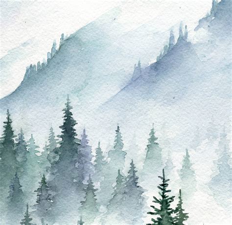 Mountain Foggy Forest Print Set Watercolor Landscape Art Etsy