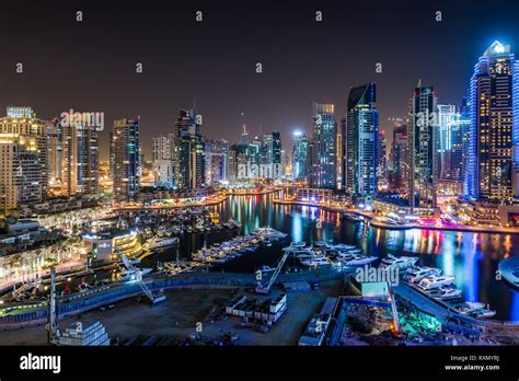 Dubai Downtown Night Scene With City Lights Glittering Lights And