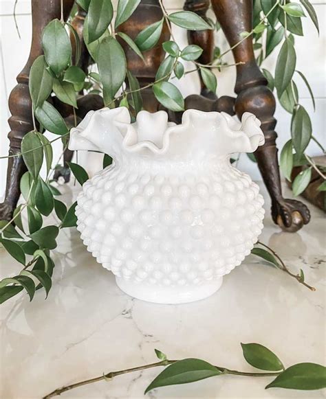 Vintage Ruffled Fenton Hobnail Milk Glass Vase